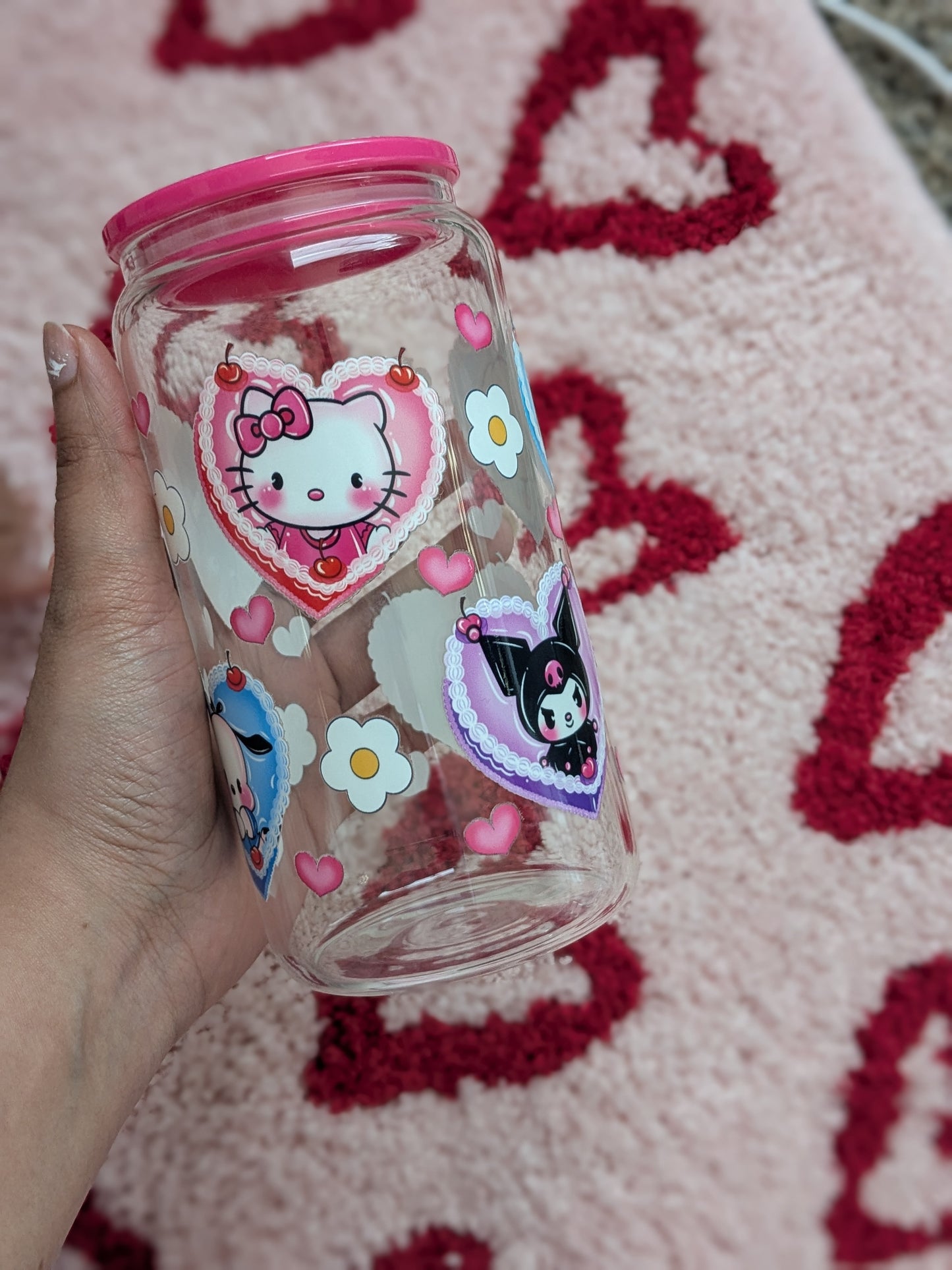 Kitty and friends hearts glass cup