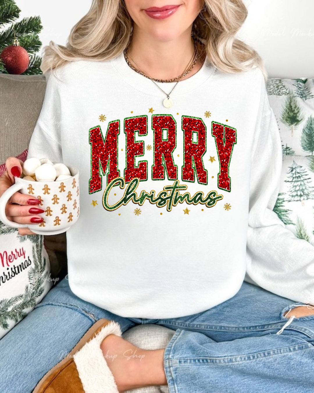 Faux glitter "MERRY Christmas" Sweatshirt | Red Glitter Block Letter Crewneck| Festive Collegiate Style Holiday Top