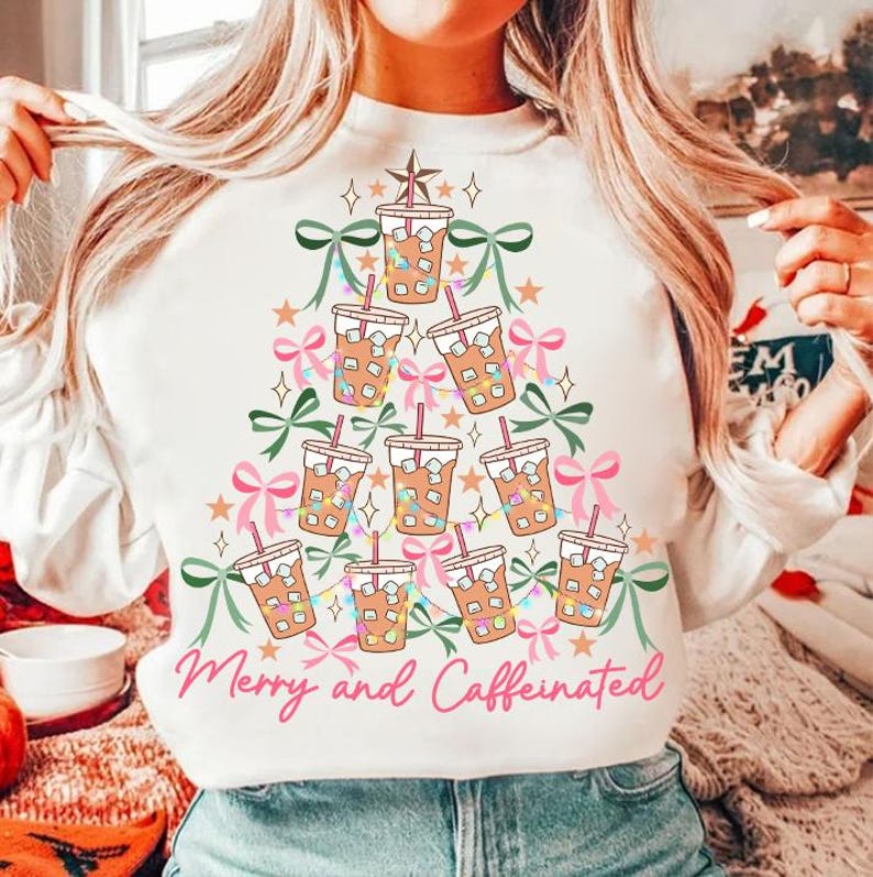 Merry and Caffeinated Sweatshirt – Iced Coffee Christmas Tree Sweater – Cute Holiday Crewneck for Coffee Lovers