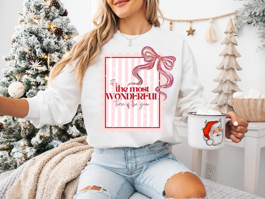 It’s the Most Wonderful Time of the Year Sweatshirt – Pink Christmas Bow Sweater – Cute Holiday Crewneck