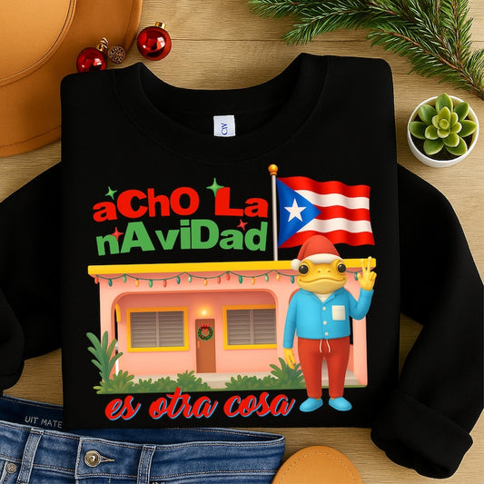 Puerto Rico Christmas Sweatshirt | "Acho La Navidad en PR Es Otra Cosa" Coquí Frog Flag Tee | Boricua Holiday Shirt
