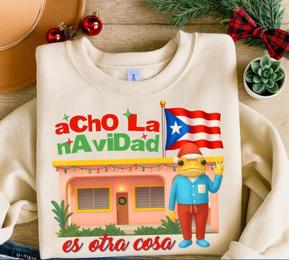 Puerto Rico Christmas Sweatshirt | "Acho La Navidad en PR Es Otra Cosa" Coquí Frog Flag Tee | Boricua Holiday Shirt