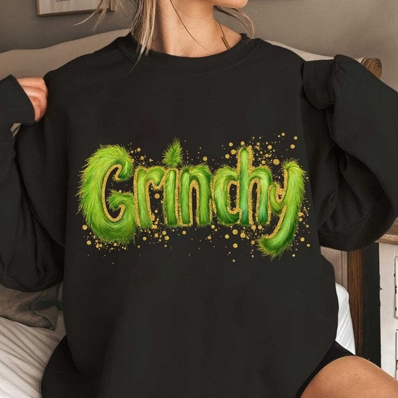 Greenchy Fuzzy Letter Sweatshirt | Trendy Green Glitter Christmas sweatshirt | Anti-Christmas Funny Holiday Shirt