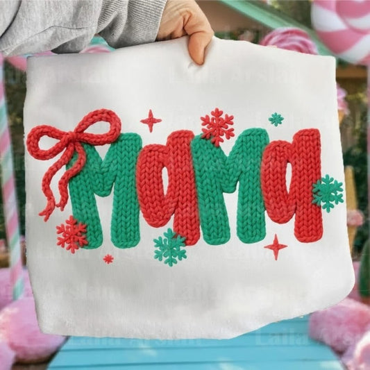 Christmas Mama Sweatshirt | faux Knitted Text Mom sweatshirt| Cute Red Green Snowflake Holiday Gift for Mother