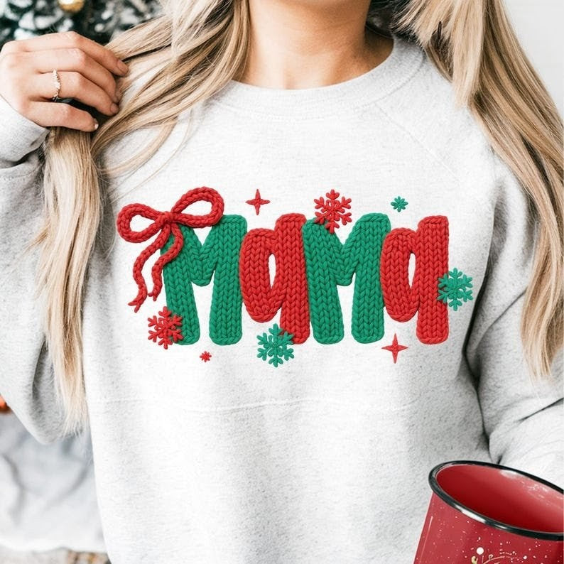 Christmas Mama Sweatshirt | faux Knitted Text Mom sweatshirt| Cute Red Green Snowflake Holiday Gift for Mother